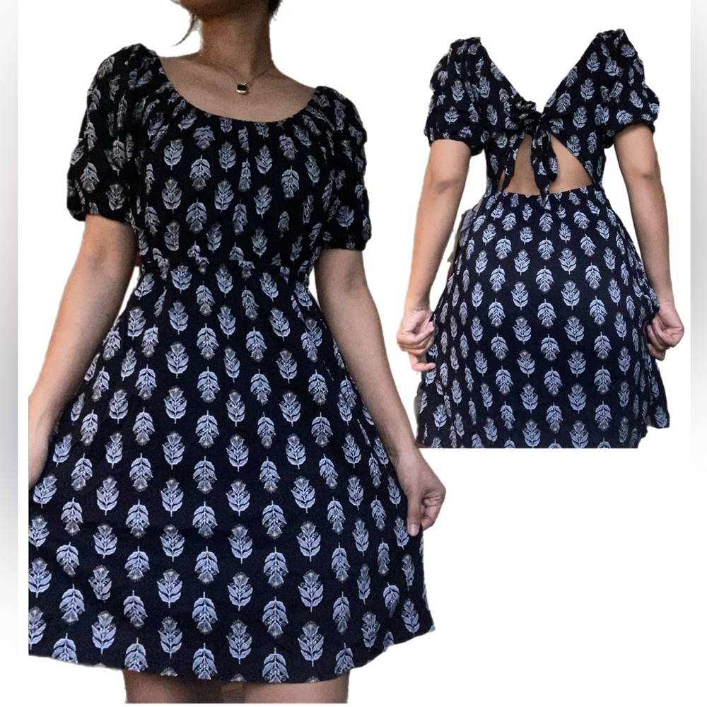 OLD NAVY BALOON PUFF SLEEVES BLACK FEATHERS MINI TIE BACK DRESS SIZE S